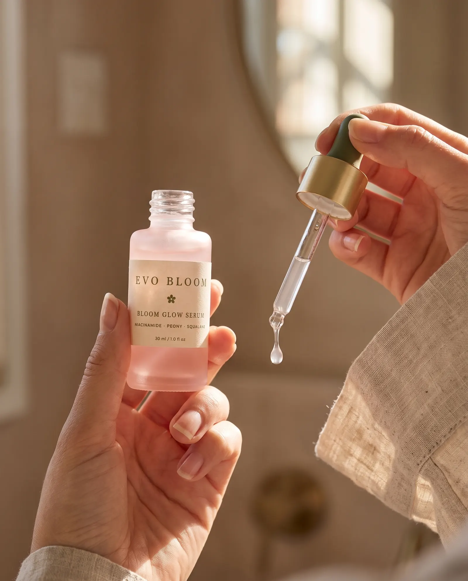 A hand holding an open bottle of Bloom Glow Serum while the dropper releases a drop