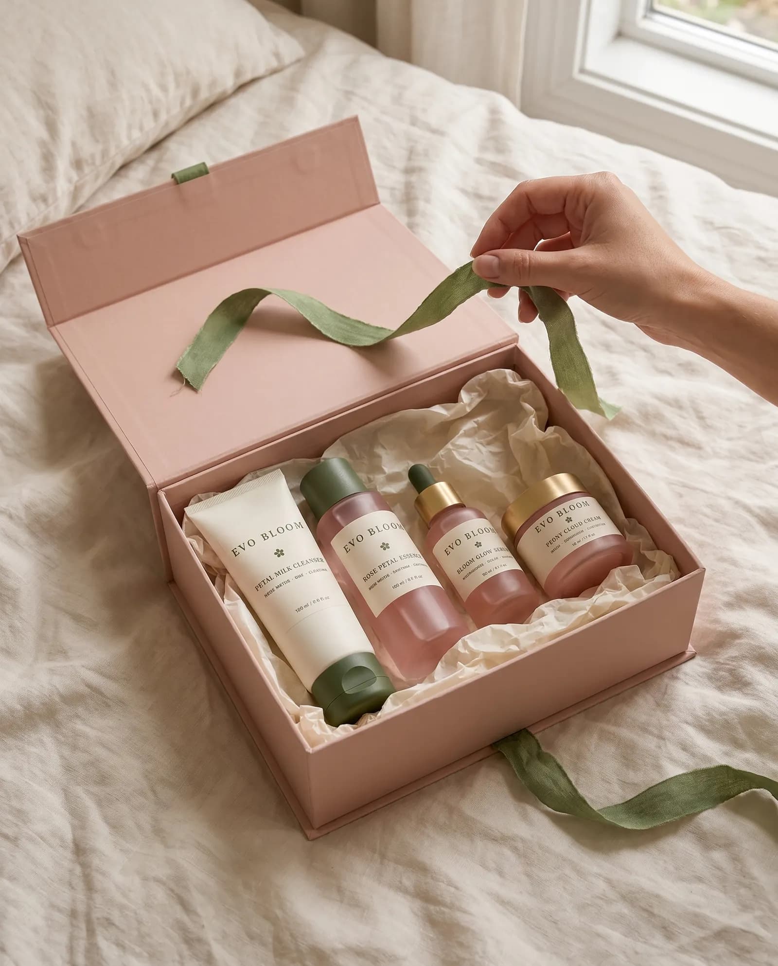 The Bloom Set in an open blush gift box on a linen bed, a hand lifting the ribbon
