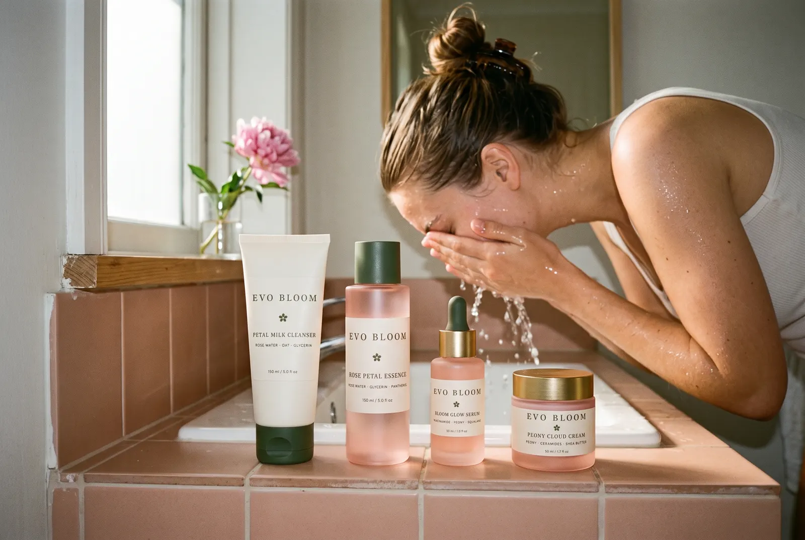 Petal Milk Cleanser, Rose Petal Essence, Bloom Glow Serum and Peony Cloud Cream lined up on a tiled basin while a woman rinses her face