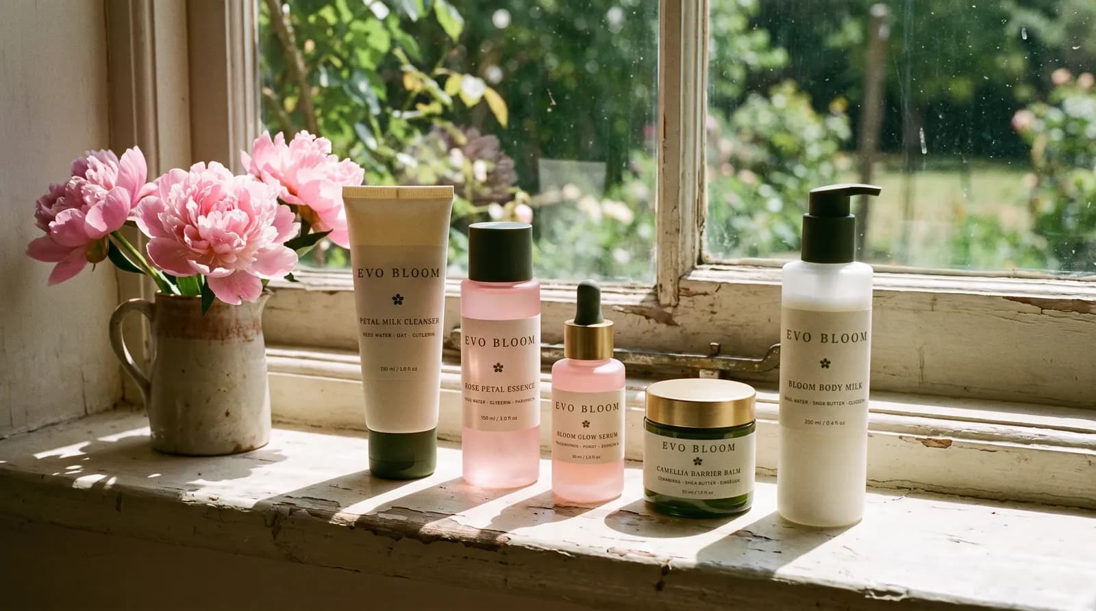 Cleanser, essence, serum, balm and body milk in a row on a sunlit windowsill beside a jug of peonies